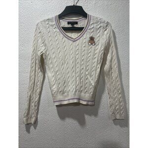 Social Scene Sweater Womens Small ‎ V Neck  Cable Knit Tennis Cricket Preppy